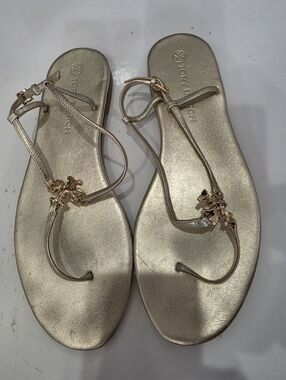 Tory Burch Metallic Gold T-Strap Flat Sandals Size 9.5